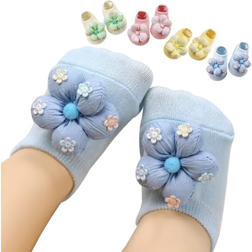 4Packs Baby Girls Socks,Flower Non-Slip Grips for Babies Toddler Princess Low Cut Ankle Socks for Girls