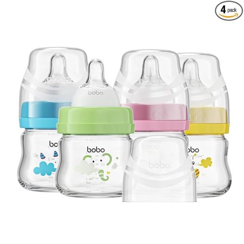 YOHKOH Glass Baby Bottles with Slow Flow Nipple, Newborn Anti-Colic Baby Bottles for 0+ Months, Wide Neck Feeding Bottle, Clear (Multicolour, 2.7oz (Pack of 4))