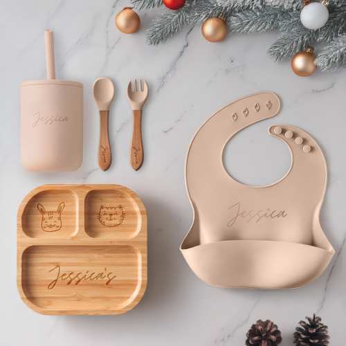 Customized Baby Gift, Silicone Baby Weaning Set, Custom Engraved Baby Bib, Baby Feeding Utensils with Name, Toddler Plate [W]