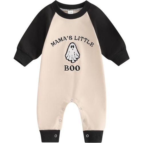 Lamuusaa Newborn Baby Boy Halloween Outfit Mamas Little Boo Embroidery Romper Long Sleeve Ghost Bodysuit Jumpsuit 0-18M