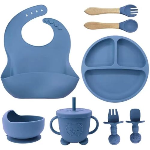 Samigo 8pcs Silicone Baby Feeding Set for Infants 6+ Months – Suction Bowl,Divided Plate,Straw Cup,Adjustable Bib,Wooden Spoon & Fork,Bear Training Utensils – Complete Weaning Kit,BPA-Free,Deep Blue