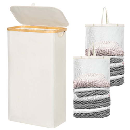 BGTREND Slim Laundry Hamper with Lid 75L Foldable Clothes Basket with 2 Removable Mesh Bags & Bamboo Handle for Closet Bathroom Bedroom (27.5 inches, Beige)