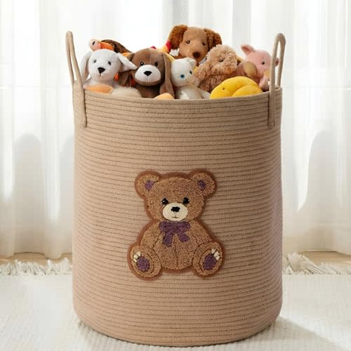 LemonRoad Bear Laundry Hamper Large Cotton Rope Storage Basket Woven Storage Bucket with Handles for Bathroom Bedroom Nursery Toy Clothes Organizer, 60 L