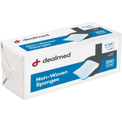 Dealmed Non-Woven Gauze Sponges - 4-Ply, 4" x 4" All-Purpose Non-Sterile Absorbent Dental Gauze Wound Care for First Aid Kit/Medical Facilities, 200 Count (Pack of 1)