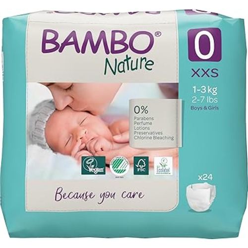 Bambo Nature Hypoallergenic Baby Diapers, Eco-Labeled Sustainable Diapers, Enhanced Leakage Protection, Totally Chlorine-Free, Skin Friendly, and Super Absorbent - Size 0 (24 Count)