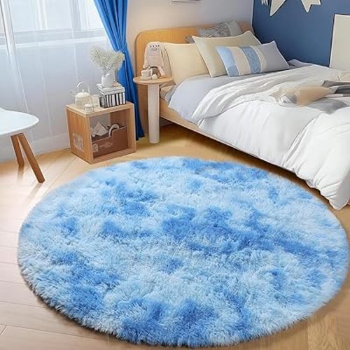 PAGISOFE Round Area Rugs for Boys Bedroom 5Ft Light Blue, Fluffy Circle Rug for Kids Room, Non-Slip, Super Soft Fluffy Carpet for Boys Nursery Kids Playroom, Baby Room Decor Dining Room Non-Shedding