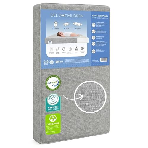 Delta Children Sweet Beginnings Dual Sided Baby Crib Mattress and Toddler Mattress, GREENGUARD Gold and CertiPUR-US Certified, Firm Plant-Based Foam, Waterproof, 5 Year Warranty, Made in USA, White