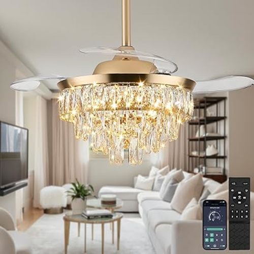 LEONTYNE 36 inch Modern Crystal Ceiling Fan with Lights and Remote LED Dimmable Fandelier Invisible Retractable Ceiling Fan 3 Blades 6 Speeds for Bedroom Living Room Dining Room(Gold)