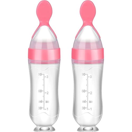 Nuanchu Baby Spoons 2 Pack Silicone Baby Food Feeder 3 oz Squeeze Feeding Spoon Toddler Dispensing Feeder Suction Cup Design Travel Friendly for Kids Toddlers Boys Girls(Pink)