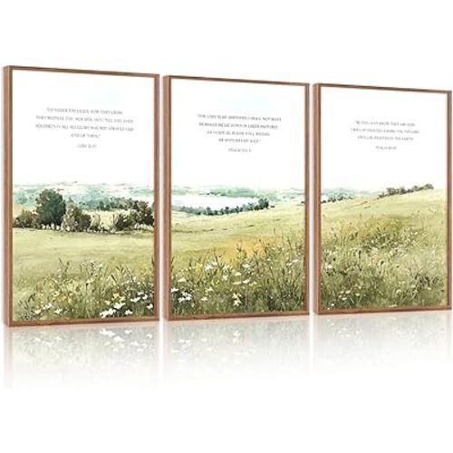 KAIRNE Scripture Christian Canvas Wall Art,Bible Verse Prints Set of 3(16”X24”),Modern Scripture Floral Wall Decor,Framed Green Countryside Field Paintings for Living Room Bedroom Ding Room Decor