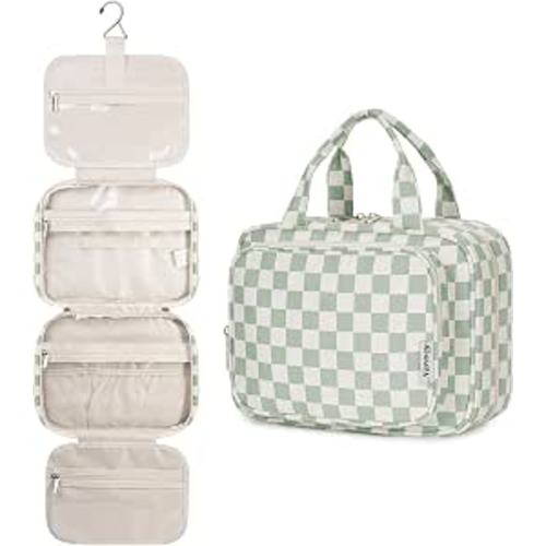 Narwey Hanging Toiletry Bag for Women Travel Checkered Makeup Bag Organizer Toiletries Bag for Travel Size Essentials, Accessories, Brushes, Cosmetics (Green Checkerboard (Medium))