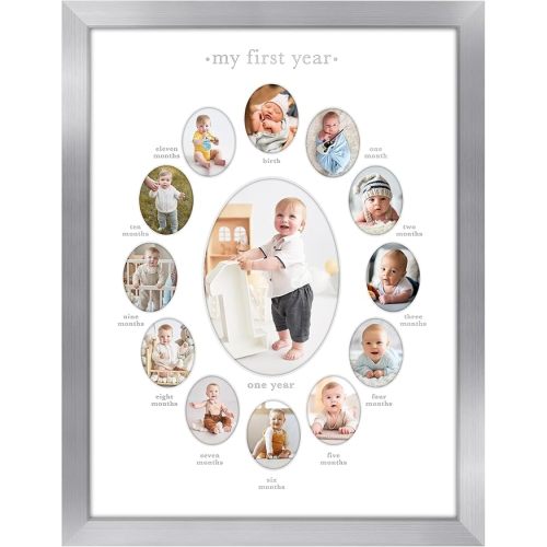 Americanflat 12x16 First Year Photo Frame with Shatter-Resistant Glass - Fits Twelve 2x3 Photos and One 5x7 Picture - Collage Frame for Nursery Decor, Newborn Mom Gift or Baby Shower- Silver