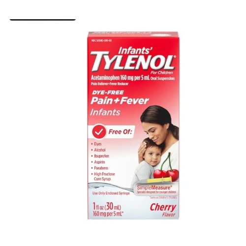 Infants' Tylenol Oral Suspension Liquid Medicine with Acetaminophen, Baby Fever Reducer & Pain Reliever for Minor Aches & Pains, Sore Throat, Headache & Teething Pain, Dye-Free Cherry, 1 fl. oz