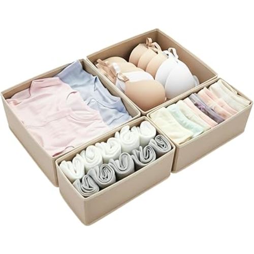 Drawer Organizer Set 4 Pack - Foldable 11" Fabric Storage Bins with Zipper Bottom for Underwear Socks Bras Baby Clothes - Closet Dresser Dividers for Bedroom Nursery, Khaki