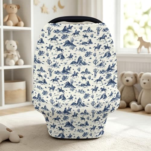 Western Cactus Horse Pattern Unisex Baby Car Seat Cover,5-in-1 Infant Toddler Privacy Nursing Breastfeeding Canopy,Stretchy Carseat Canopies for Girls Boys,Soft Breathable Newborn High Chair Covers