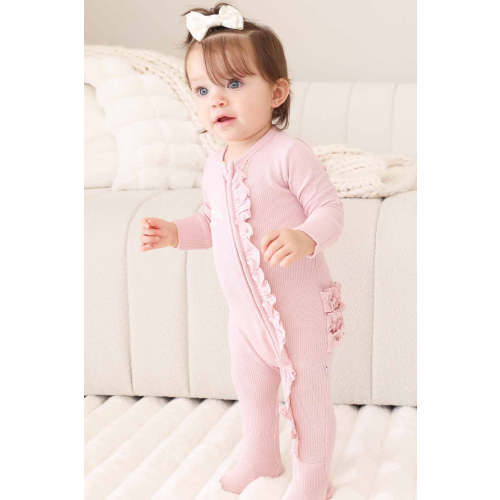 Embroidered Bamboo Waffle Zipper Ruffle Footie | Lotus