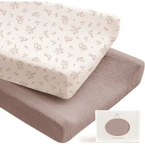 Konssy 2 Pack Muslin Changing Pad Covers for Boys, Ultra Soft & Breathable Cotton Baby Diaper Changing Table Covers, Neutral Nursery Diaper Changing Pad Sheets (Soft Blooms,Taupe)