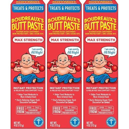 Boudreaux's Butt Paste Maximum Strength Diaper Rash Cream, Ointment | For Baby | 4 oz Tube | Pack of 3