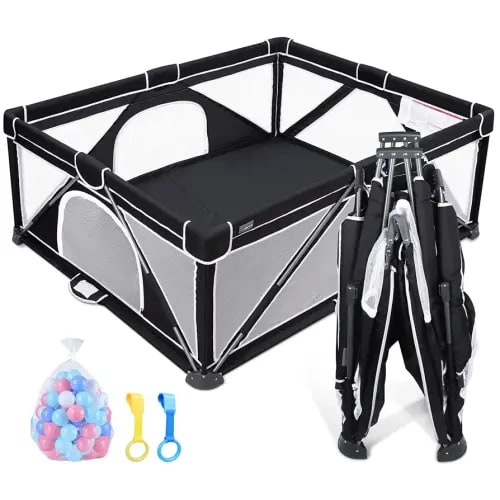 ANGELBLISS Baby Playpen, Foldable Playpen for Babies and Toddlers, Indoor & Outdoor Baby Activity Center with Visible Breathable Mesh, Portable Play Yard with 2 Handlers+50 Balls