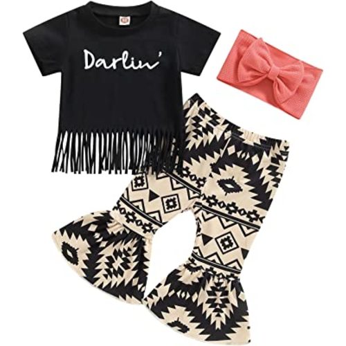 Fernvia Toddler Baby Girl Clothes Summer Crew Neck Letters Print T-Shirt with Flare Pants Headband 3Pcs Outfits Set