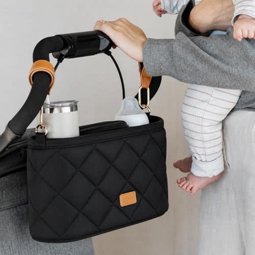 Beautiful Stroller Caddy Organizer With 2 Cup Holders - Zipper Pocket Bag | Luxury Stroller Bag with Universal Fit and Leather Straps - Spacious Accessories Perfectly Fits Doona, Nuna and Uppababy