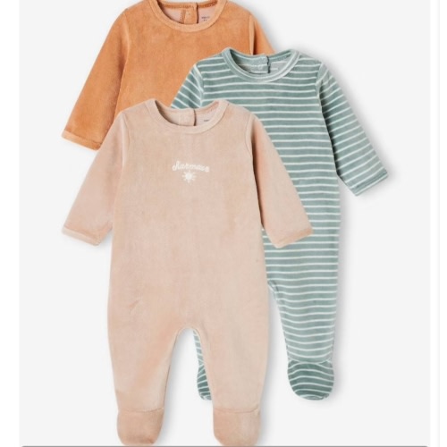 Pack of 3 Sleepsuits in Velour for Babies, BASICS - camel, Baby