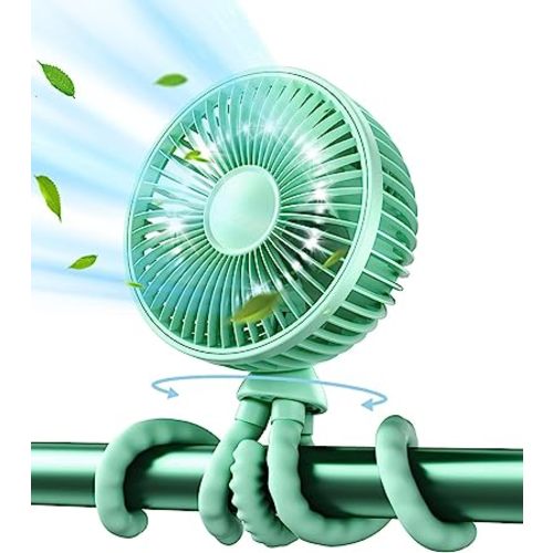 Gaiatop Oscillating Baby Stroller Fan, LED Night Light 4 Speeds Rechargeable 360° Rotate Clip On, Battery Operated Small Portable Cooling Fans for Car Seat Crib Treadmill Travel Green