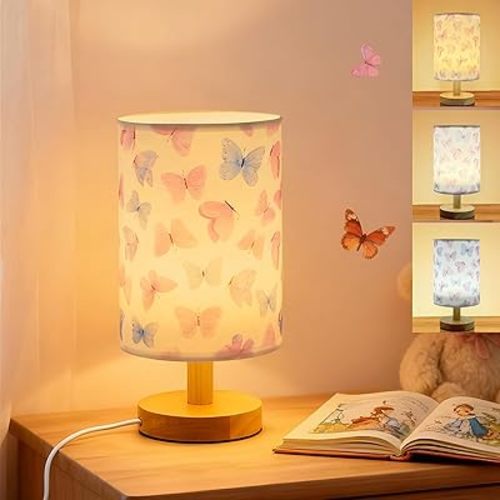 Butterfly Kids Table Lamp for Bedroom Kids Bedside Lamps 3 Colors Dimmable Nightstand Night Light with Cartoon Flaxen Fabric Shade Desk Lamp for Girls Boys Room Nursery Decor,Butterfly Gifts for Girls