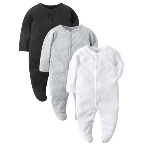 QEFJNO Newborn Unisex Baby Boys' 3-pack Sleep and Play Footies Pajamas One-Piece Sleeper Button Jumpsuit Cotton Solid PJs