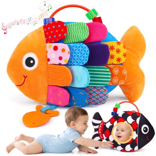 Baby Sensory Toys 0-6 Months Music Tummy Time Flip Fish Toys for Infant 2 3 4 5 6 Month with Mirror Crinkle Rattle Teether for 0-3-6-12 Months High Contrast Baby Toys for Newborn Girl Boy Shower Gifts