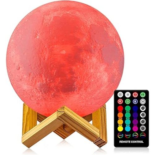 LOGROTATE Moon Lamp 16 Colors, Dimmable, Rechargeable Lunar Night Light (5.9 inch) Full Set with Wooden Stand, Remote & Touch Control - Cool Nursery Decor for Baby Kids Bedroom, Birthday Day Gifts