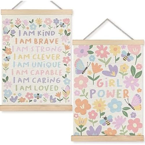 URLLUAE Girls Nursery Wall Decor, Colorful Flower Girly Wall Art With Wooden Poster Hanger, Pastel Floral Inspirational Canvas Prints Posters for Girls Room Nursery Playroom, 12x16 Inch Set of 2