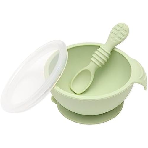 Bumkins Baby Bowl, Silicone Feeding Set with Suction for Baby and Toddler, Includes Spoon and Lid, First Feeding Set, Training Essentials for Baby Led Weaning for Babies 4 Months Up, Sage