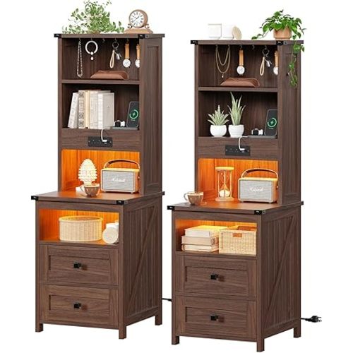 Farmhouse Tall Nightstand Set of 2 with Charging Station and 2 Drawers,Led White Night Stand Set of 2 with Bookshelf,Bedside End Side Table with Storage Shelves for Bedroom,Oak Brown