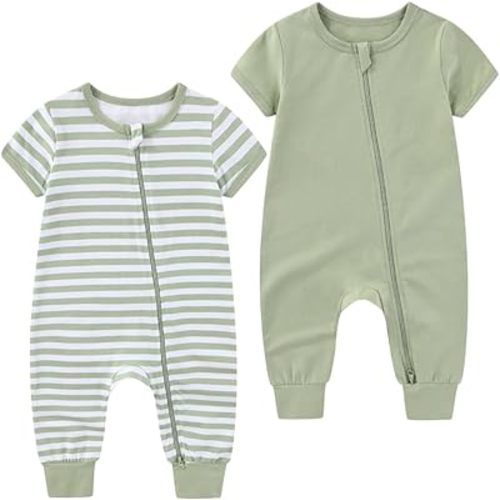 2 Pack Unisex Baby Rompers 2 Way Zipper Short Sleeve Onesies | 95% Cotton 5% Spandex,0-24Months Baby Pajamas,Infant Boy Girl Bodysuits,Daily Wear & Sleeping,Stripe & Solid Color Jumpsuit