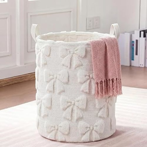 Blushtier White Bow Laundry Hamper Girls Room Decor Coquette Bow Plush Faux Fur Basket Kids Storage Basket Collapsible Organize Bins for Gifts Toys Blanket Clothes Nursery Bedroom (1 Pcs)