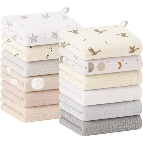Bearmoss 12 Pack Baby Muslin Washcloths, 100% Cotton 10"x10" Face Towels