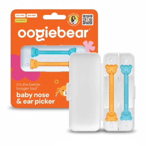 Oogiebear 2 Pack Booger and Ear Wax Picker with Case, Safe for Newborns, Orange/Blue