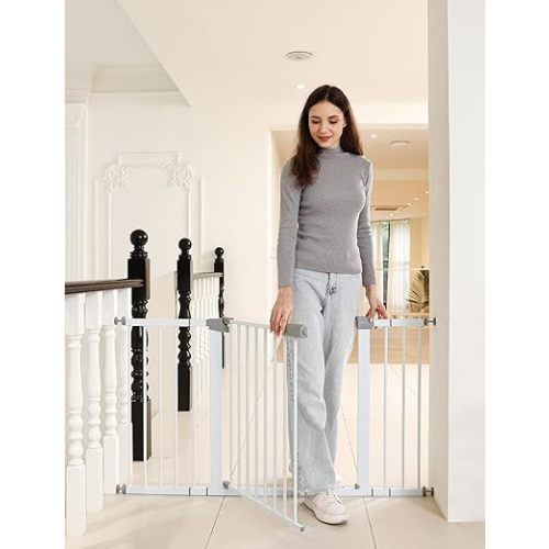 29"-57" Baby and Pet Safety Gate, 30" Tall Metal Walk-Thru Gate for Doorways & Stairs, Easy One-Hand Open, Dual Lock, Extensions & Wall Mounts Included (White, 29"-54" W x 30.5“H)