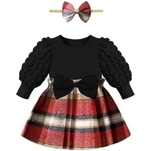 Qaoerde Baby Girl Dress Puff Sleeve Plaid Dress Ribbed Newborn Dress Clothes Fall Winter Outfits with Bowknot Headband