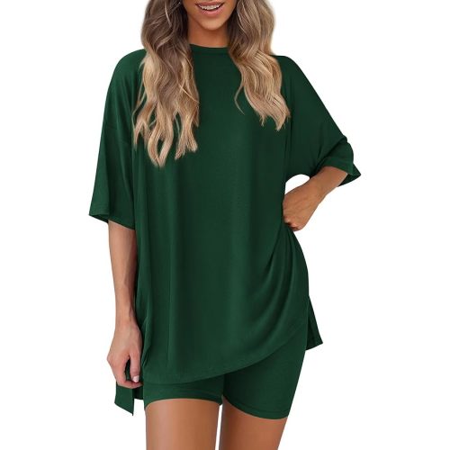 Women 2 Piece Lounge Set 2026 Summer Casual Oversized Shirts Biker Shorts Matching Airport Travel Outfit Clothes
