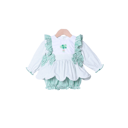 Embroidered Four Leaf Clover Swiss Dot Scalloped Skirted Bubble