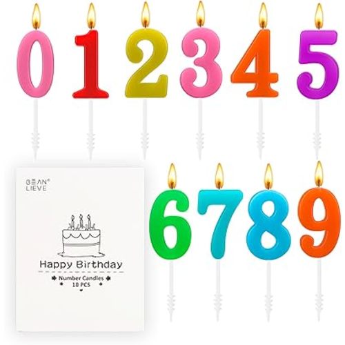 Beanlieve 10-Pieces Numeral Birthday Candles - Cake Numeral Candles Number 0-9 Glitter Cake Topper Decoration for Birthday,Wedding Anniversary,Party Celebration (Colourful)