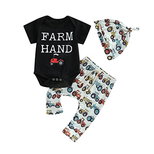 Twopumpkin Infant Baby Boy Farm Letter Bodysuit Romper and Long Pants Newborn Coming Home Outfit Cute Clothes Sets with Hat