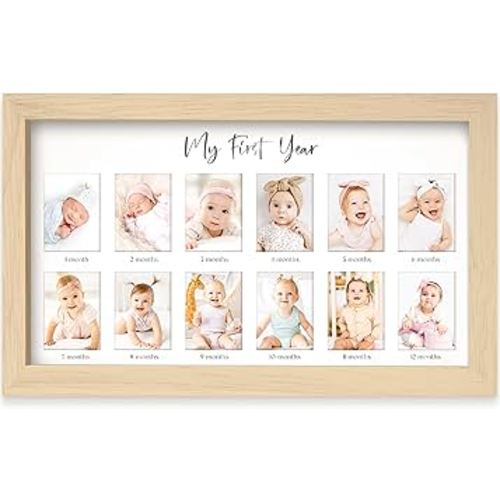 My First Year Photo Frame, 12 Months Baby Picture Frame for Newborn Girl,Boy - Baby Shower Gifts Keepsakes,Monthly Baby's One Year Birthday Milestone,1st Nursery Photo Collage Display Board (Ash Wood)