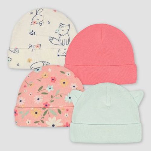 Gerber Baby Girls' 4pk Fox Caps - White/orange/light Blue
