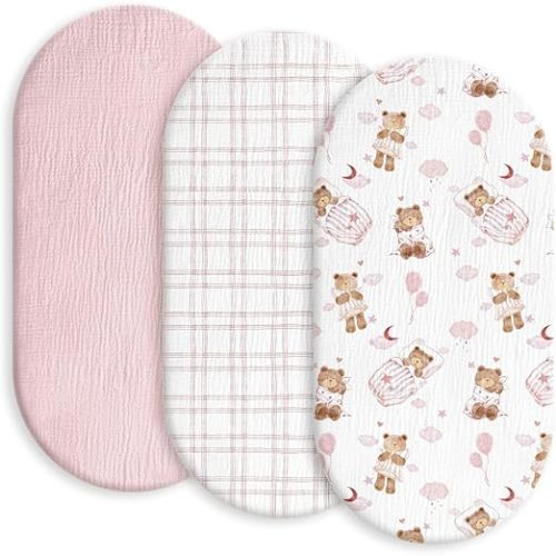 Gllquen Baby Muslin Bassinet Sheets 3 Pack, Breathable Elastic Cozy Fitted Cotton Bassinet Mattress Sheet for Baby Boy Girls, Fit for Hourglass Oval Rectangular Cradle Pad Sheets 33"x17" (Bear Dream)