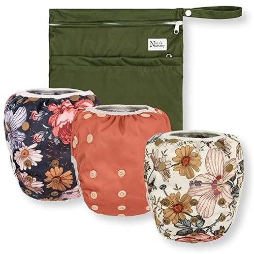 Nora's Nursery Reusable Swim Diapers and Wet Bag - One Size Fully Adjustable - Harlow Swim 3 Pack with Wet Bag