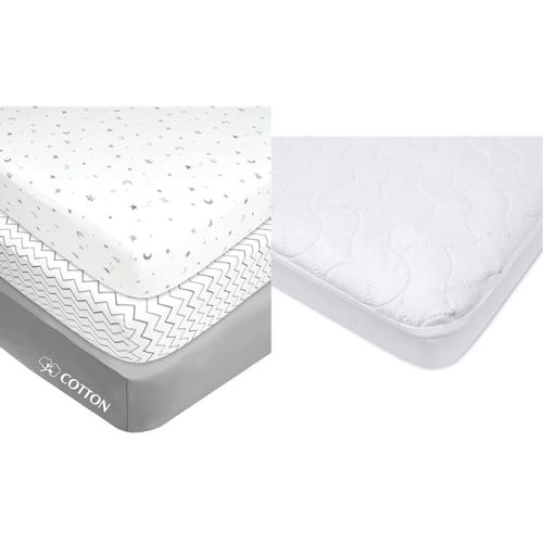 American Baby Company 3 Pack Fitted Mini Crib Sheet 24" x 38", Soft Breathable Neutral 100% Cotton & Waterproof Fitted Porta/Mini Crib Mattress Protector - Grey Star/Zigzag - Star + Pad Cover, White