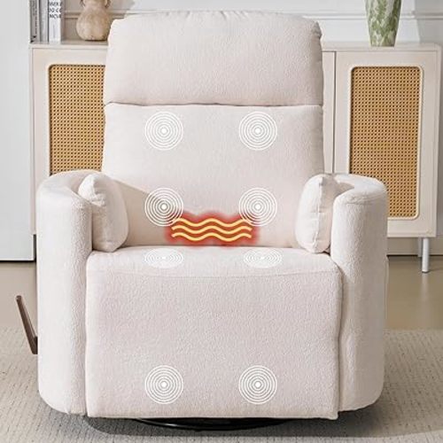 Oversized Swivel Recliner Chair with Massage and Heat, Rocking Chair Nursery with Adjustable Headrest, Rocking Chair Nursery Glider Chairs with 2 Pillows, Glider Rocker Recliner, White
